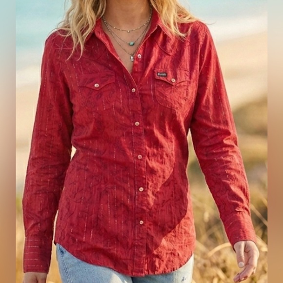 Wrangler Tops - Wrangler Women’s Red Floral Western Snap Shirt - Metallic Stripe - Large